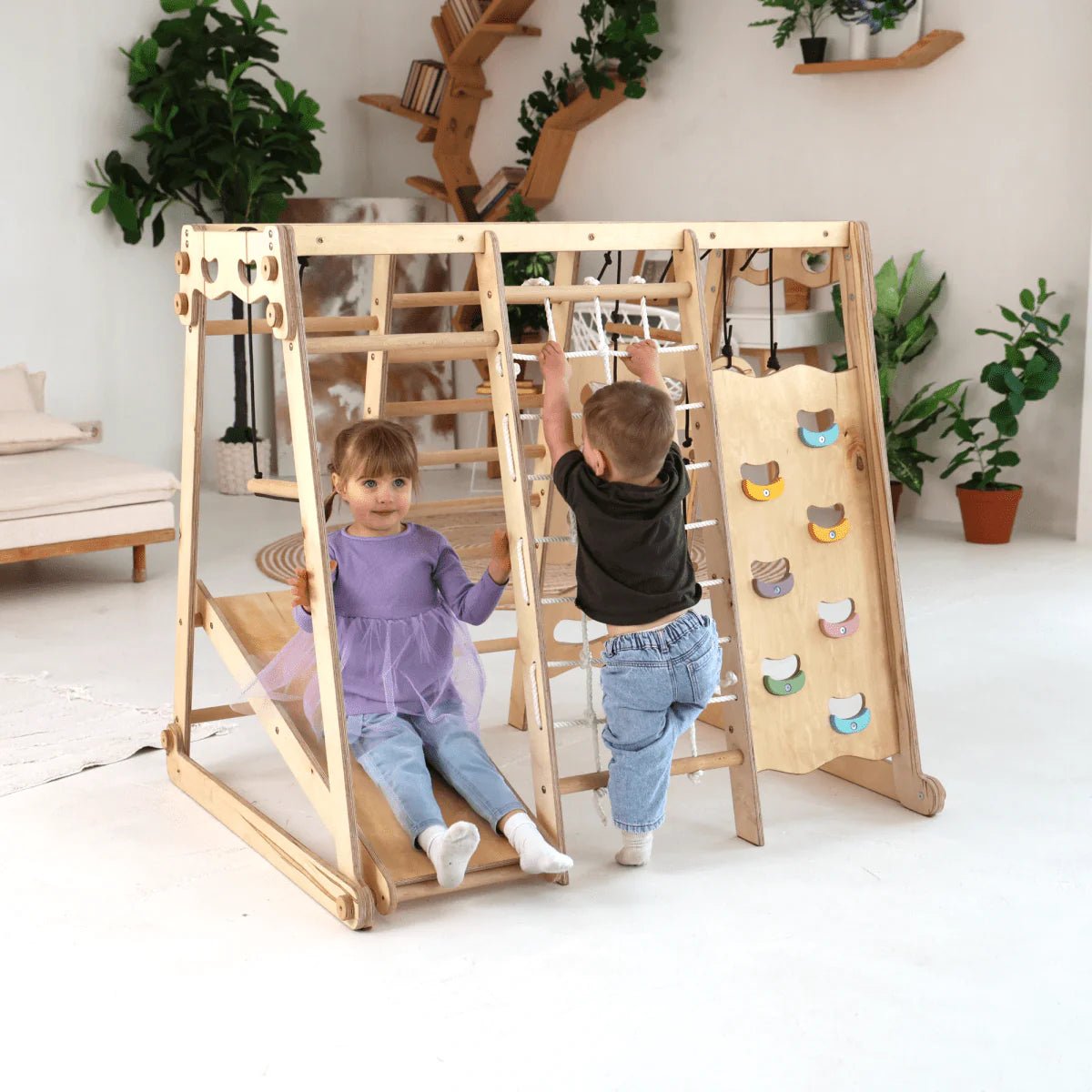 6 - in - 1 Indoor jungle gym with slide, swings & climbing wall - AlmaVidaKids