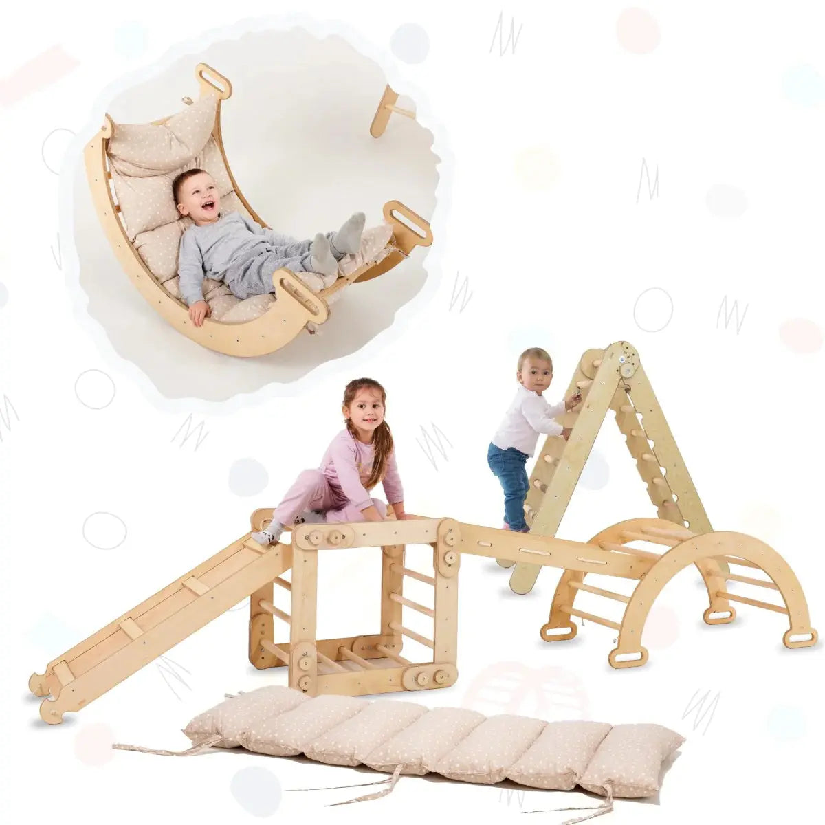 Climbing Set: Triangle Ladder | Climbing Arch | Slide Board/Ramp | Rope Ladder | Snake ladder | Cushion for Arch Goodevas