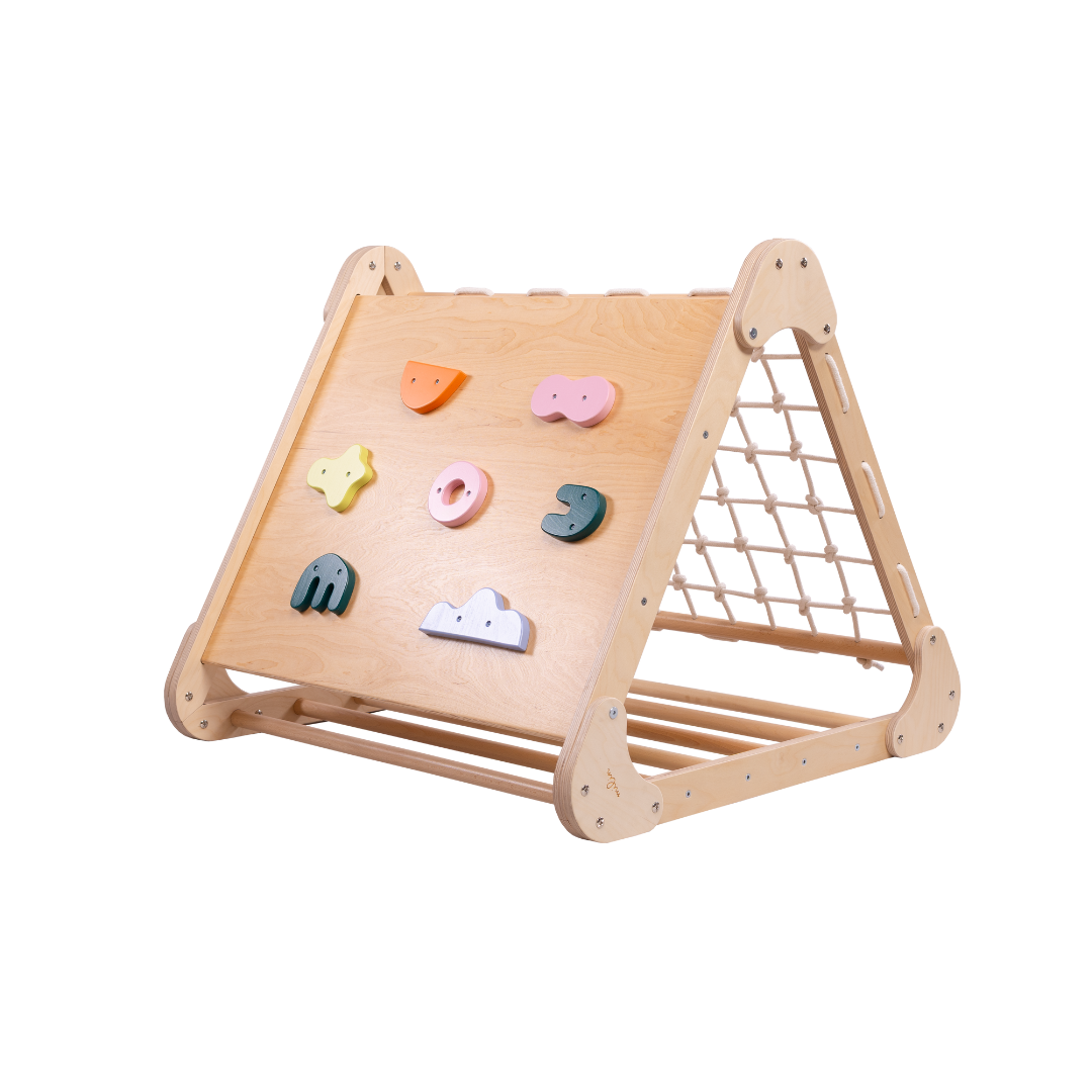 Wooden climbing frame with colorful shapes on a white background