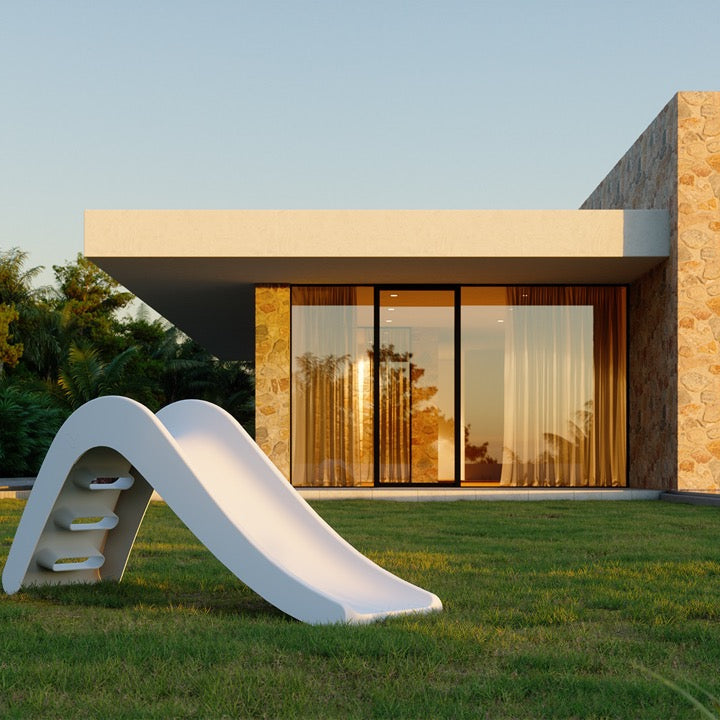 White outdoor slide in garden play setup - Jupiduu Outdoor Slide - AlmaVidaKids