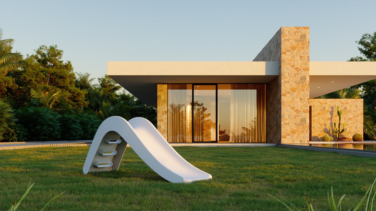 White outdoor slide in garden play setup - Jupiduu Outdoor Slide - AlmaVidaKids