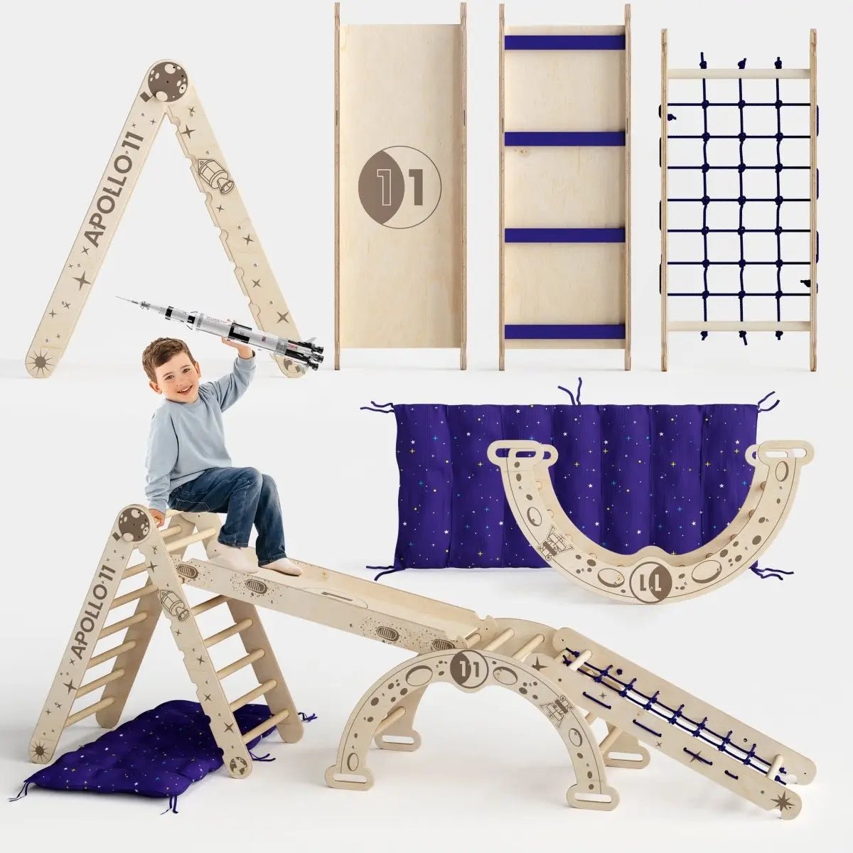 Apollo 5in1 Climbing Set: Pikler Triangle, Net, Arch, Slide Board, and Cushion for Little Astronauts - AlmaVidaKids
