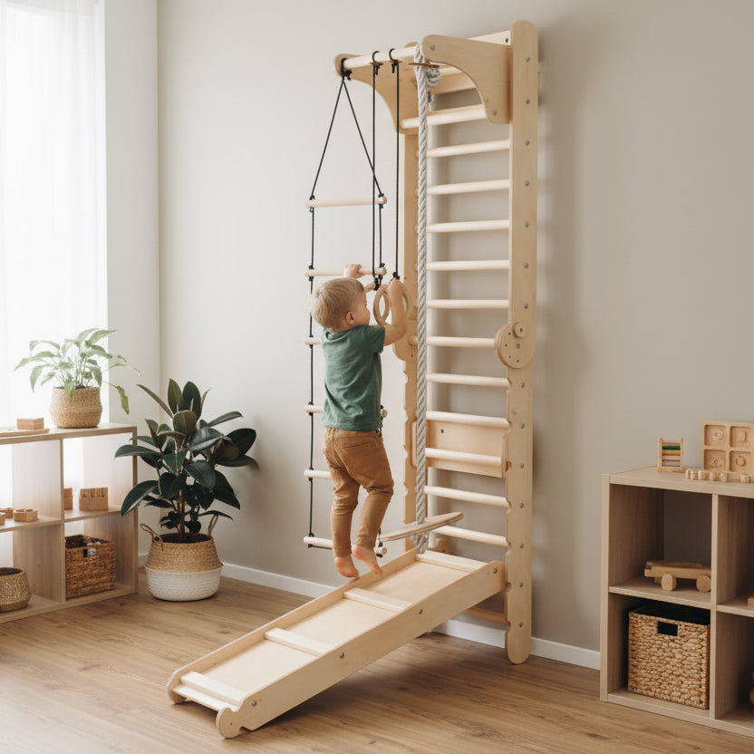 Natural wood climbing wall set for children