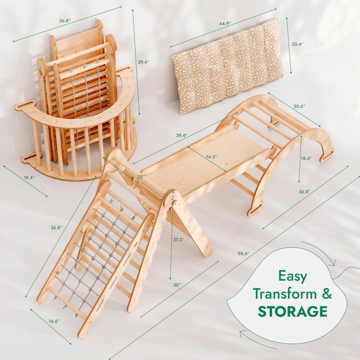 Pikler Triangle | Climbing Arch | Slide Board/Ramp | Rope Ladder | Arch Cushion - AlmaVidaKids