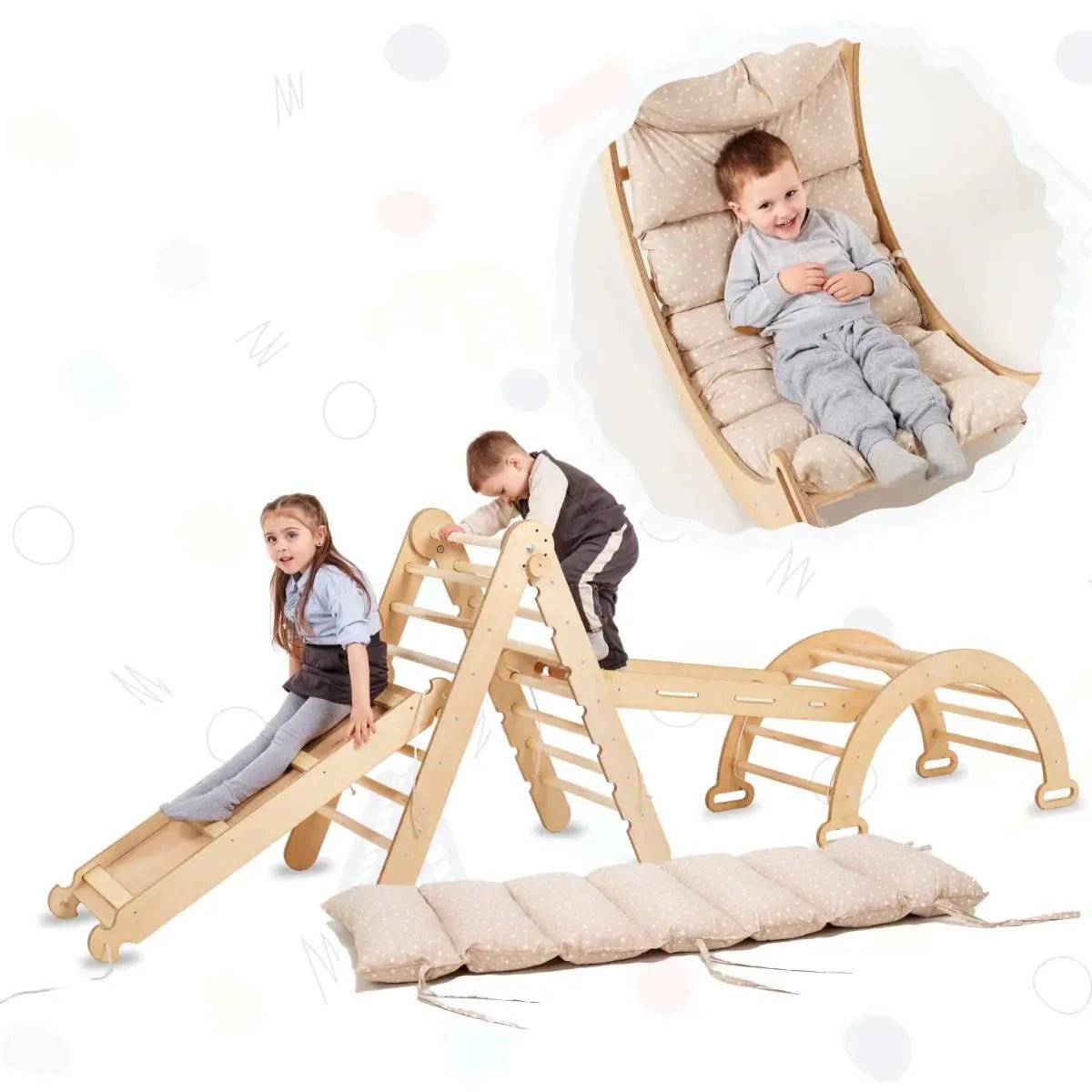 Pikler Triangle | Climbing Arch | Slide Board/Ramp | Rope Ladder | Arch Cushion - AlmaVidaKids