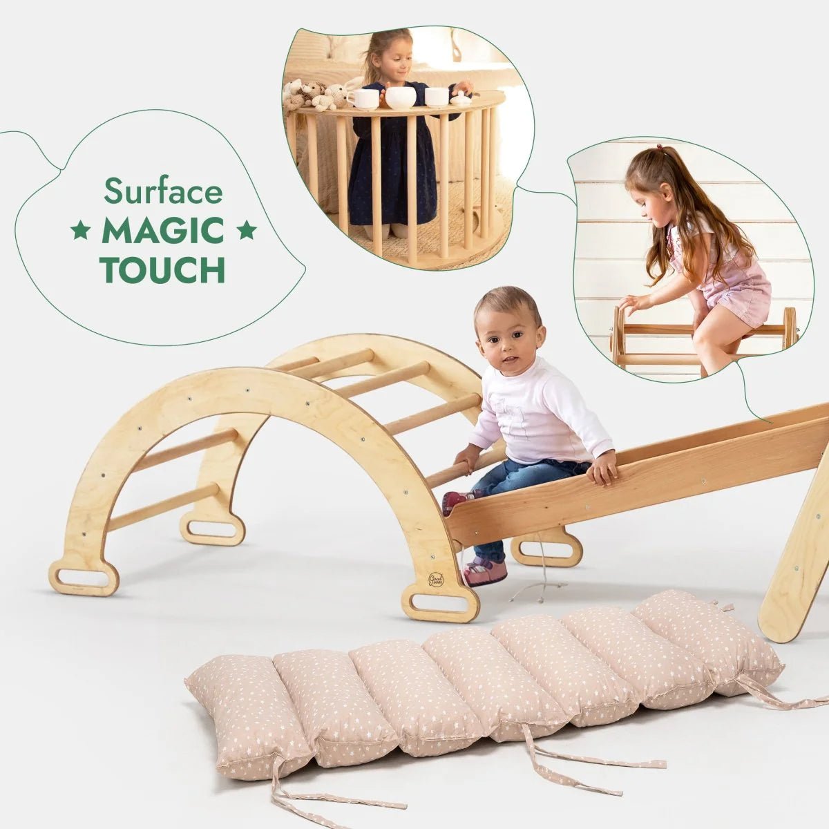 Pikler Triangle | Climbing Arch | Slide Board/Ramp | Rope Ladder | Arch Cushion - AlmaVidaKids