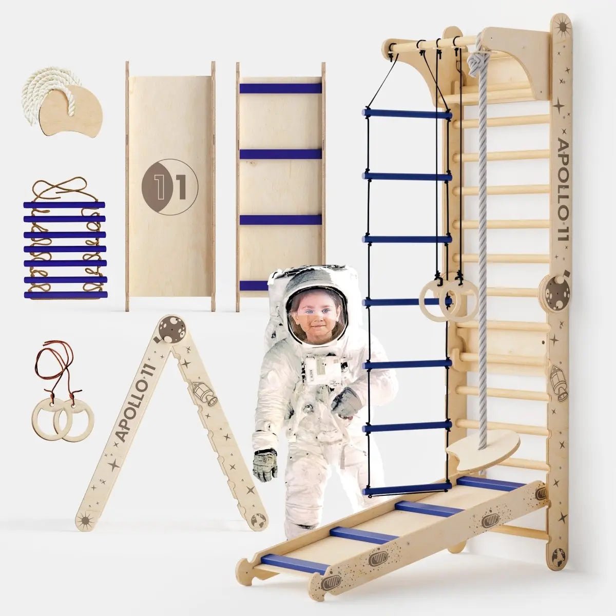 Swedish Wall Apollo / Climbing ladder for Little Astronauts + Moon swing Set + Slide Board - AlmaVidaKids