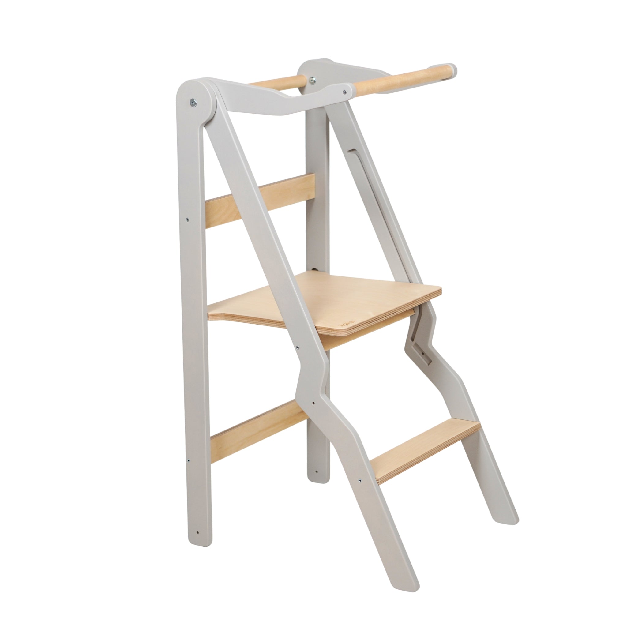 Pastel gray ZigZag foldable learning tower with integrated rail — ZigZag Learning Tower — AlmaVidaKids