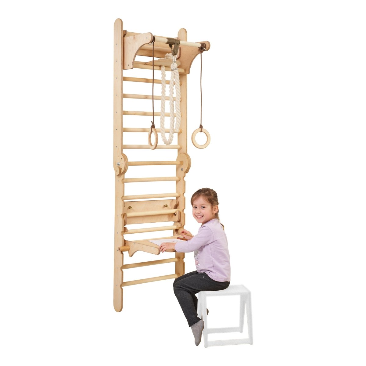 5in1: Wooden Swedish Wall / Climbing ladder for Children + Swing Set + Slide Board + Art Add-on - Goodevas