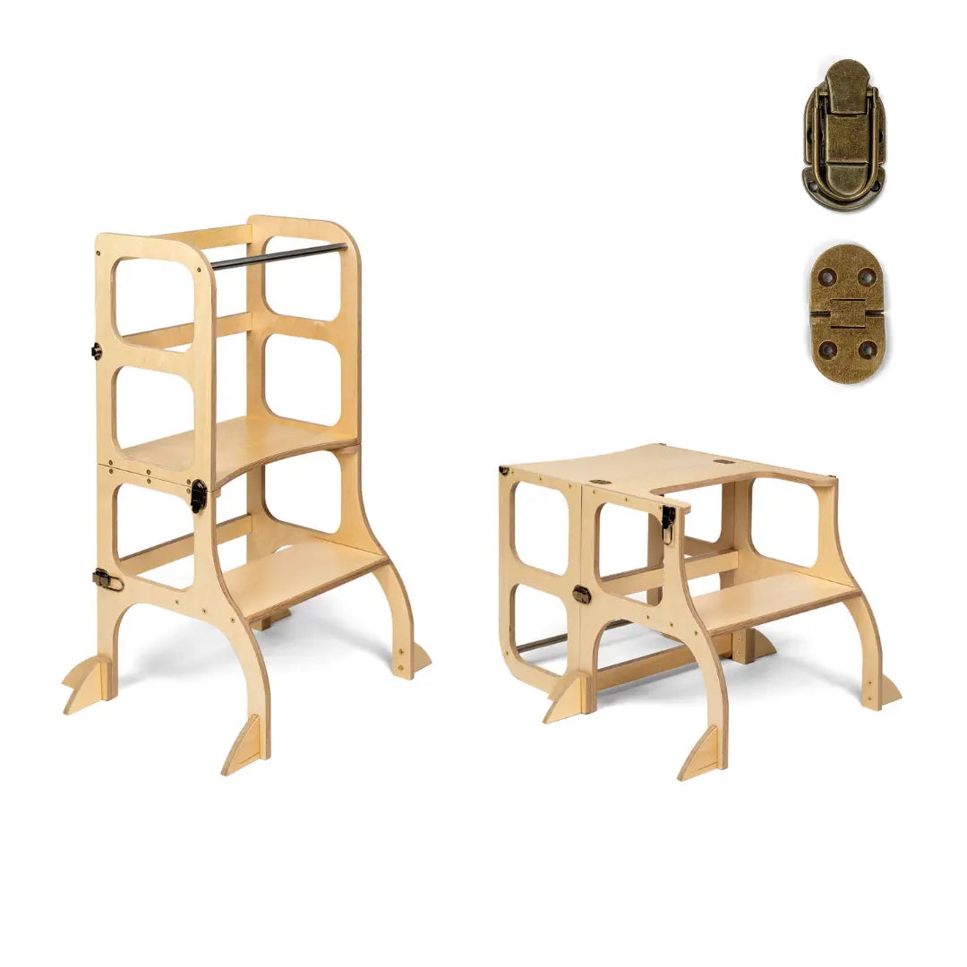 STEP’n’SIT learning tower shown in standing-tower and low table-and-chair configurations