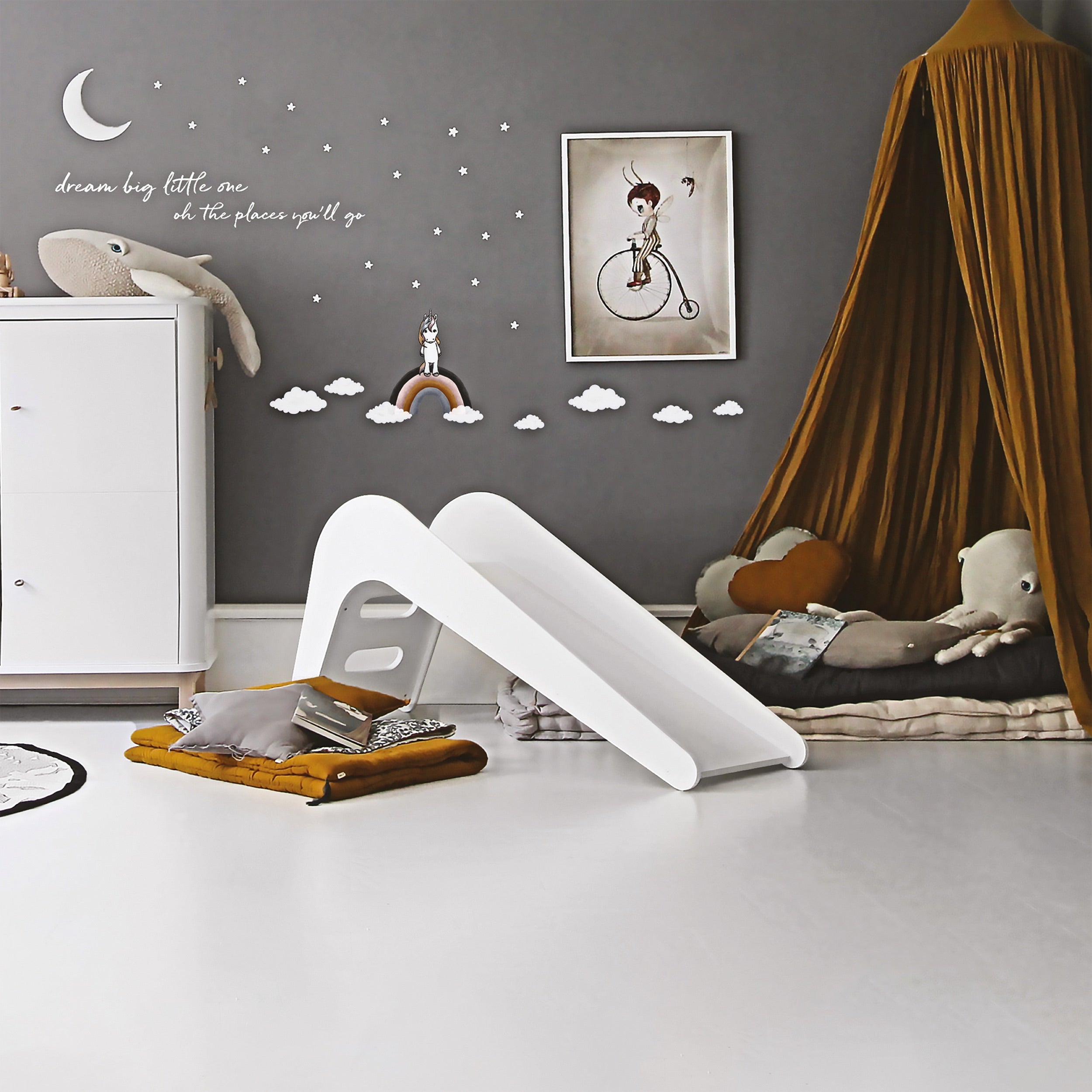 White indoor slide in child’s bedroom play corner — Jupiduu Indoor Slide — AlmaVidaKids