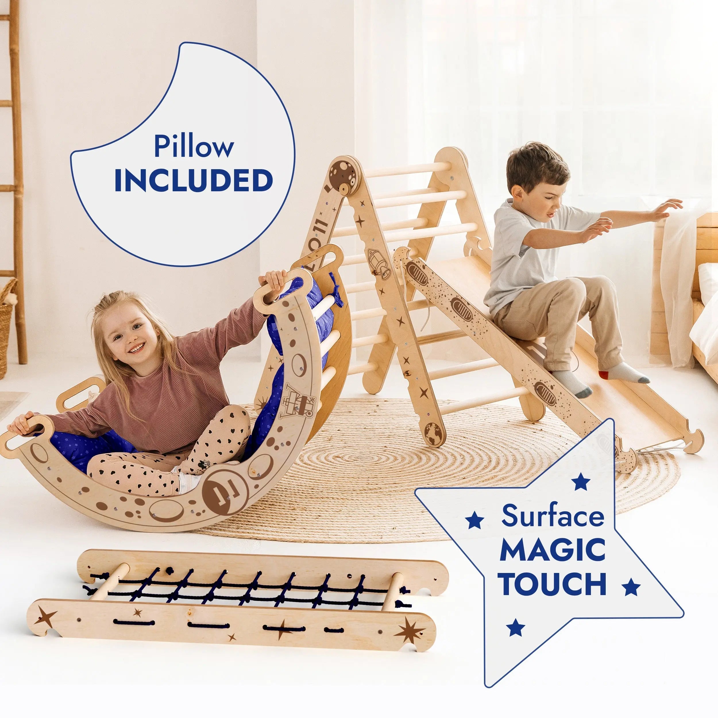 Apollo 5in1 Climbing Set:  Pikler Triangle, Net, Arch, Slide Board, and Cushion for Little Astronauts Goodevas