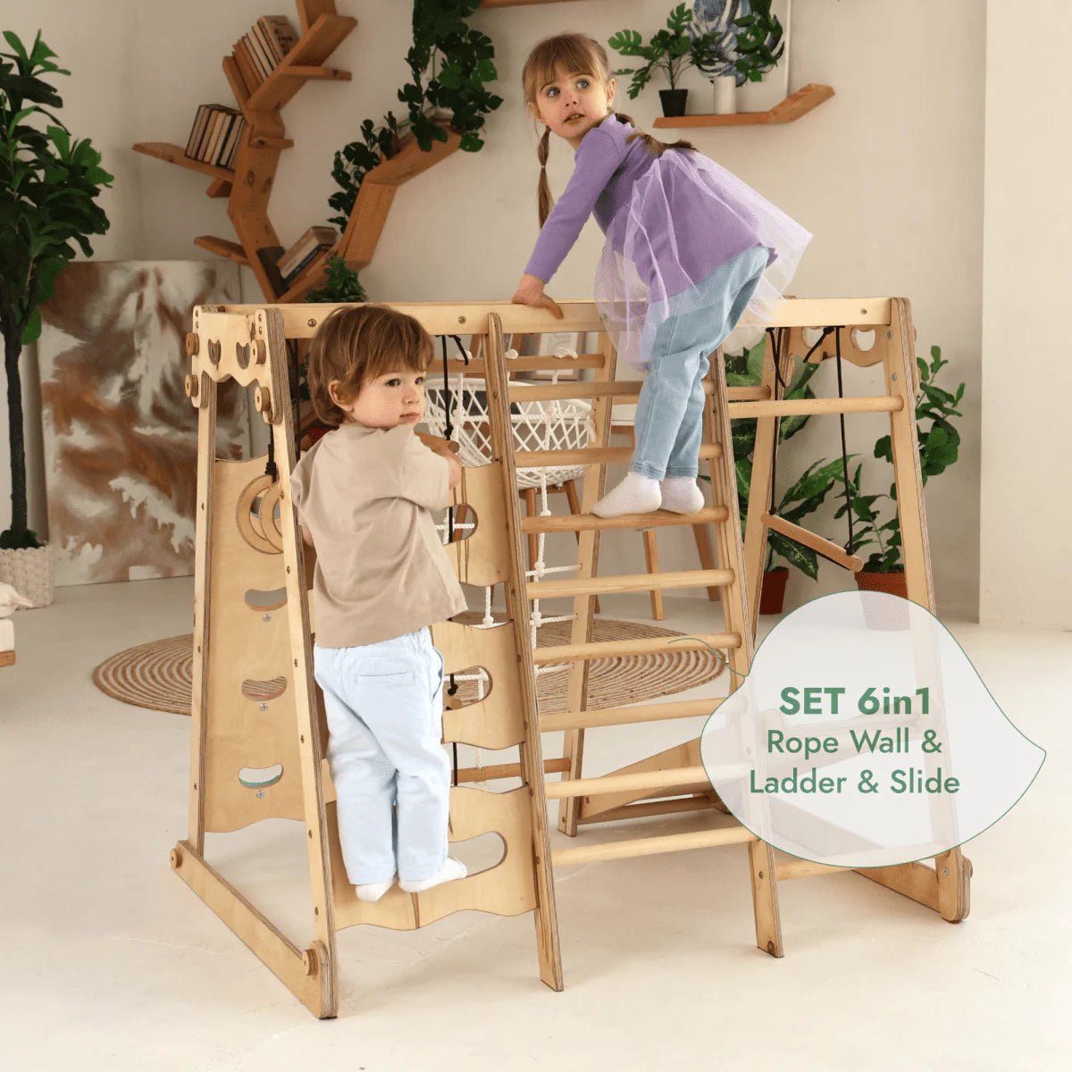 6 - in - 1 Indoor jungle gym with slide, swings & climbing wall - AlmaVidaKids