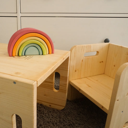 The montessori cube set made of two chairs one smaller, one bigger. One can be a chair and the other a table.