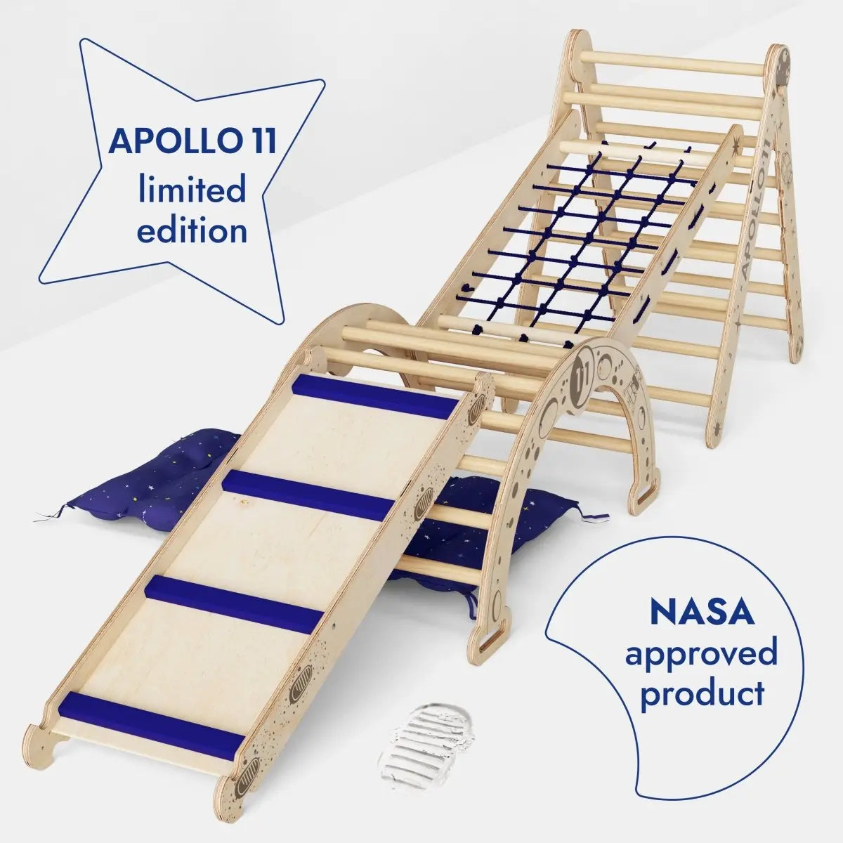 Apollo 5in1 Climbing Set: Pikler Triangle, Net, Arch, Slide Board, and Cushion for Little Astronauts - Goodevas