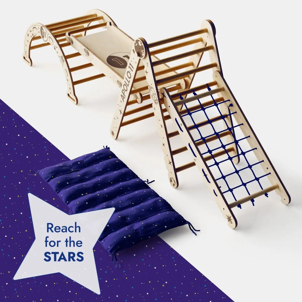 Apollo 5in1 Climbing Set: Pikler Triangle, Net, Arch, Slide Board, and Cushion for Little Astronauts - Goodevas