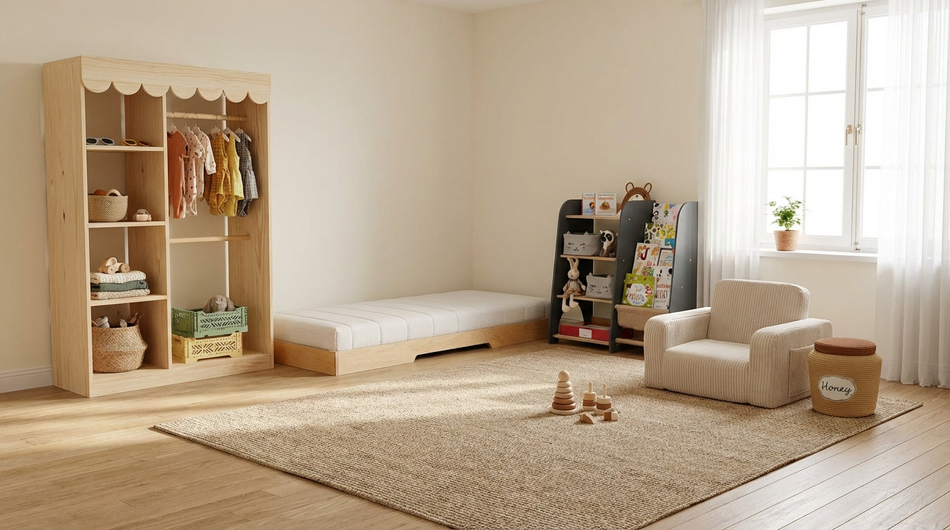 Children's room with wooden wardrobe, bed, and armchair.