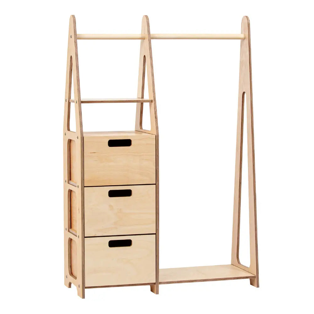 Children’s clothing rack with rectangular drawer handles - Natural Wood