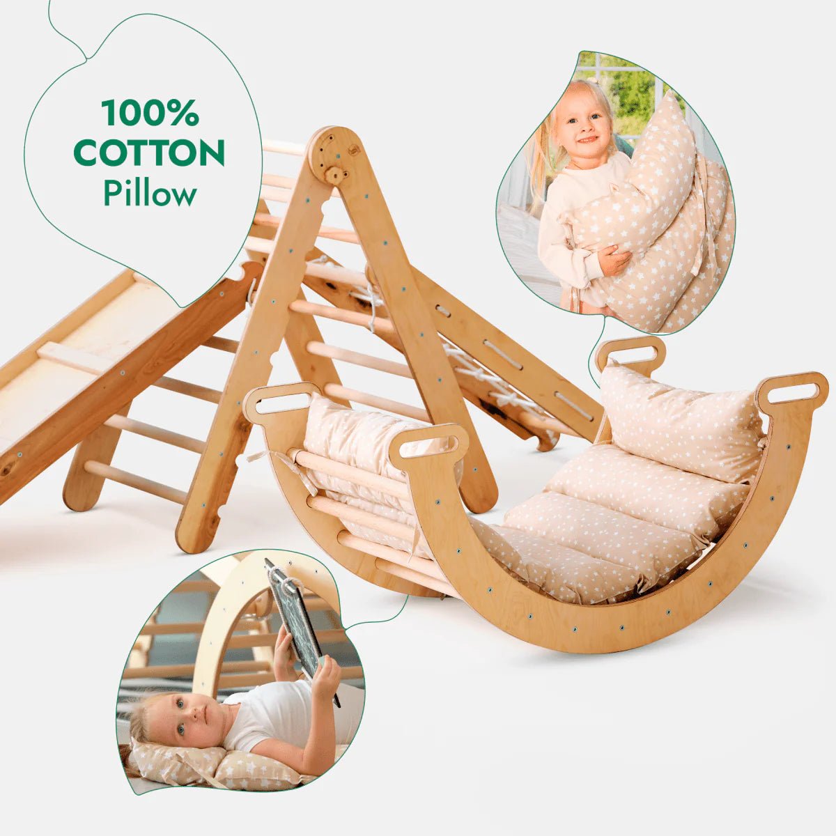 Pikler Triangle | Climbing Arch | Slide Board/Ramp | Rope Ladder | Arch Cushion - AlmaVidaKids