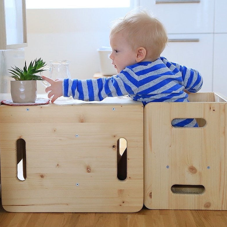 Massief Hout Manine Montessori Set van 2 KubusStoeltjes - KinderStoel en/of Tafeltje - Groeit Mee
