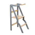 Gray wooden ZigZag foldable learning tower with integrated rail — ZigZag Learning Tower — AlmaVidaKids