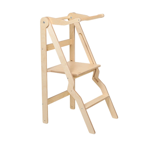 Natural wooden ZigZag foldable learning tower with integrated rail — ZigZag Learning Tower — AlmaVidaKids