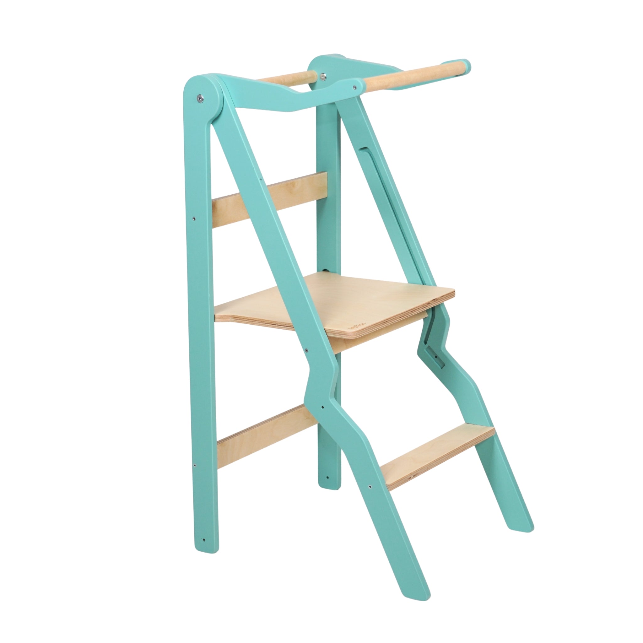 Turquoise ZigZag foldable learning tower with integrated rail — ZigZag Learning Tower — AlmaVidaKids