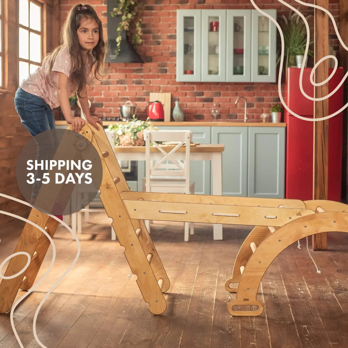 3in1 Montessori Climbing Set: Triangle Ladder + Wooden Arch + Slide Board – Beige NEW - Goodevas