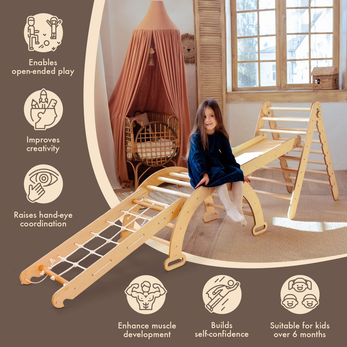 5in1 Montessori Climbing Frame Set: Triangle Ladder + Arch/Rocker + Slide Board/Ramp + Netting rope + Cushion - Goodevas
