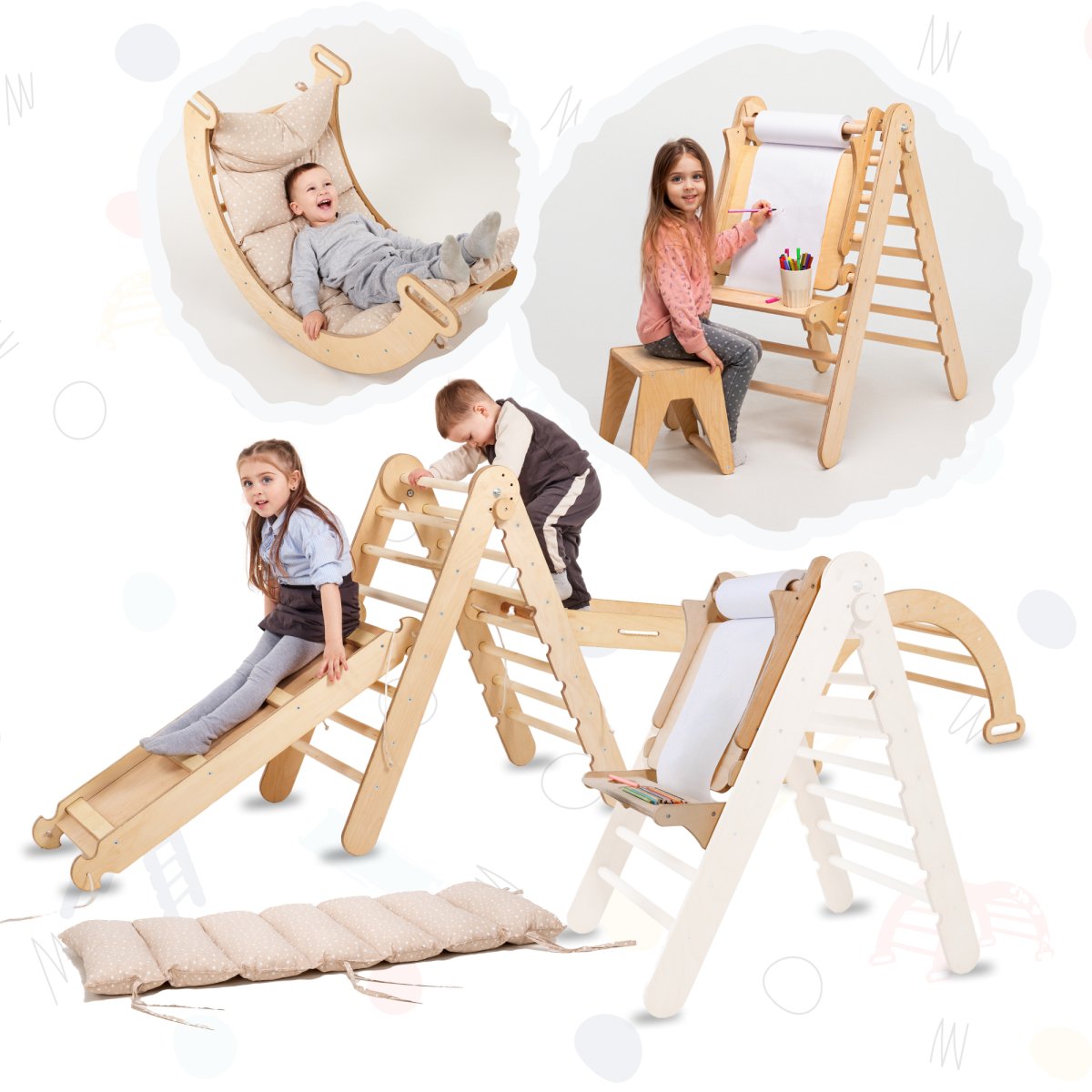 6in1 Montessori Climbing Frame Set: Triangle Ladder + Arch/Rocker + Slide/Ramp + Net + Cushion + Art Addition - Goodevas